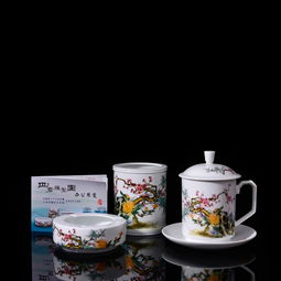 瓷拍 景德鎮(zhèn)陶瓷筆筒茶杯辦公用品四件套商務禮品套裝四君雅聚圖